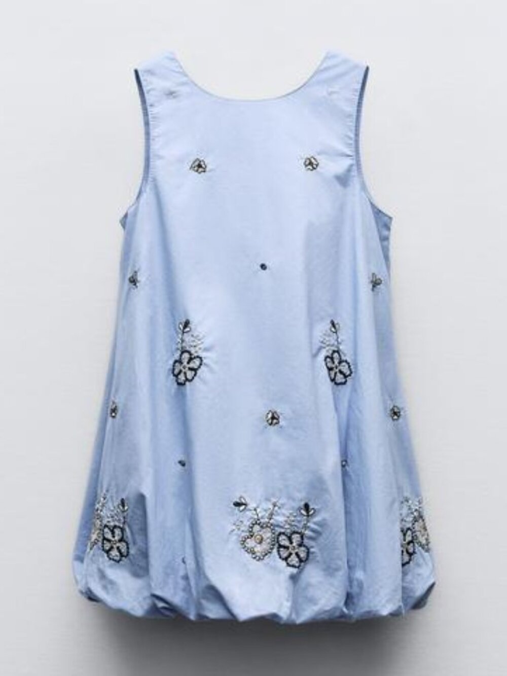 Zara Blue Embroidered Floral Bubble Dress Set with White Ruffle Tee